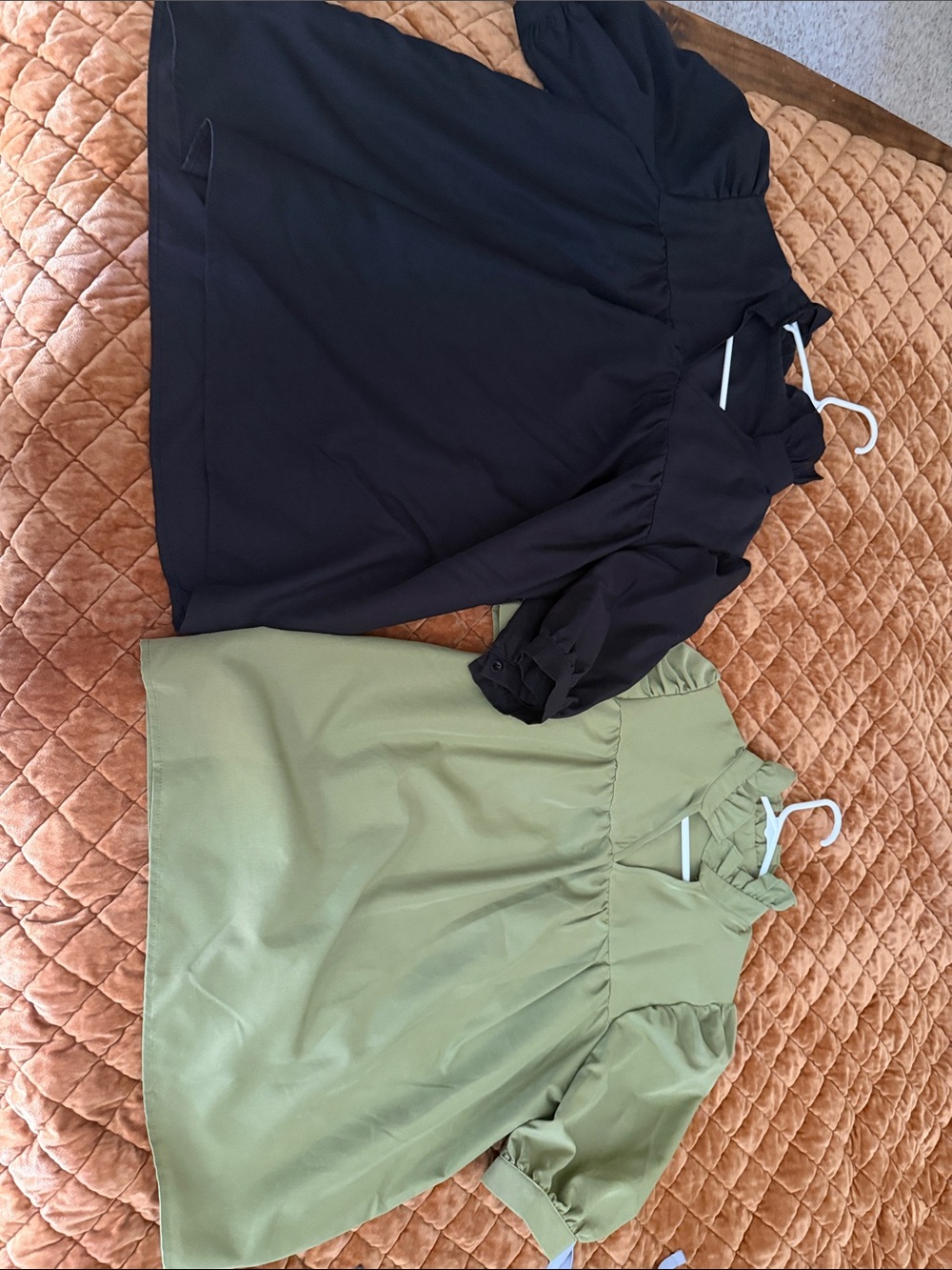 Two Puff Sleeve Tunic Tops in Black and Sage